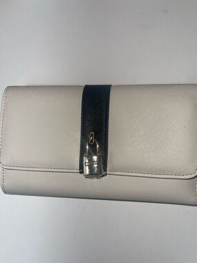 GUESS Large White Wallet with Black Strap and Gold Padlock
